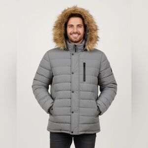 SWISS TECH Gray Hooded Men's Jacket with Faux Fur Trim size 12-14 Large